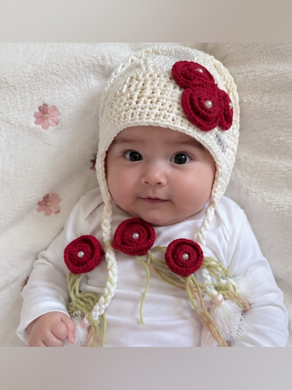 Crochet Baby Hat with Red Flower Accents - Kids Accessories